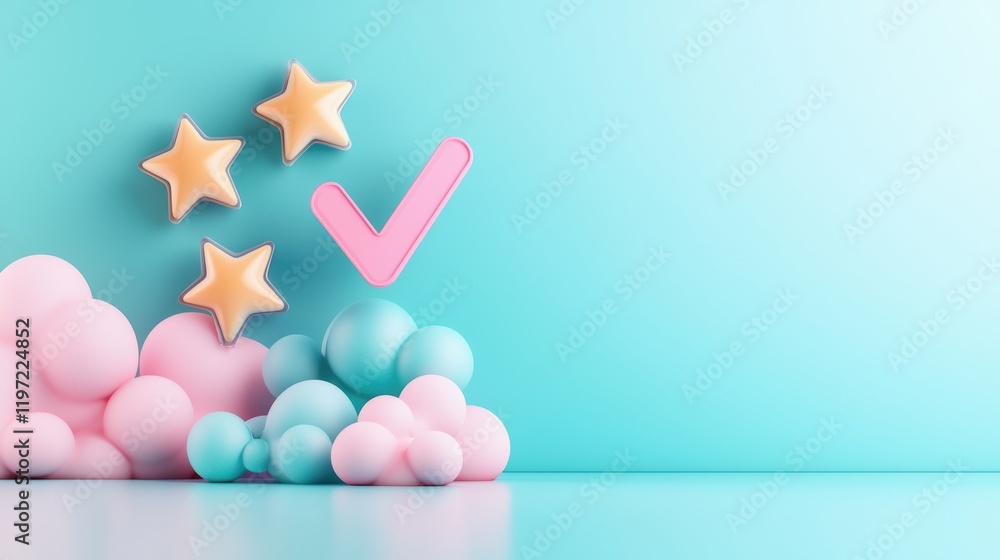 Poster a playful animation of a checkmark bouncing alongside five rotating stars, conveying a sense of fun 