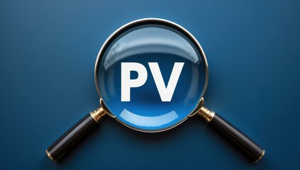 Magnifying glass with blue background highlighting PV letters, concept of photovoltaic energy, solar power technology, business presentation or educational material, modern clean design, innovation,