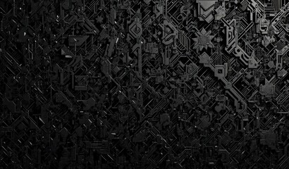 Black and white abstract background with chaotic geometric shapes and lines creating depth