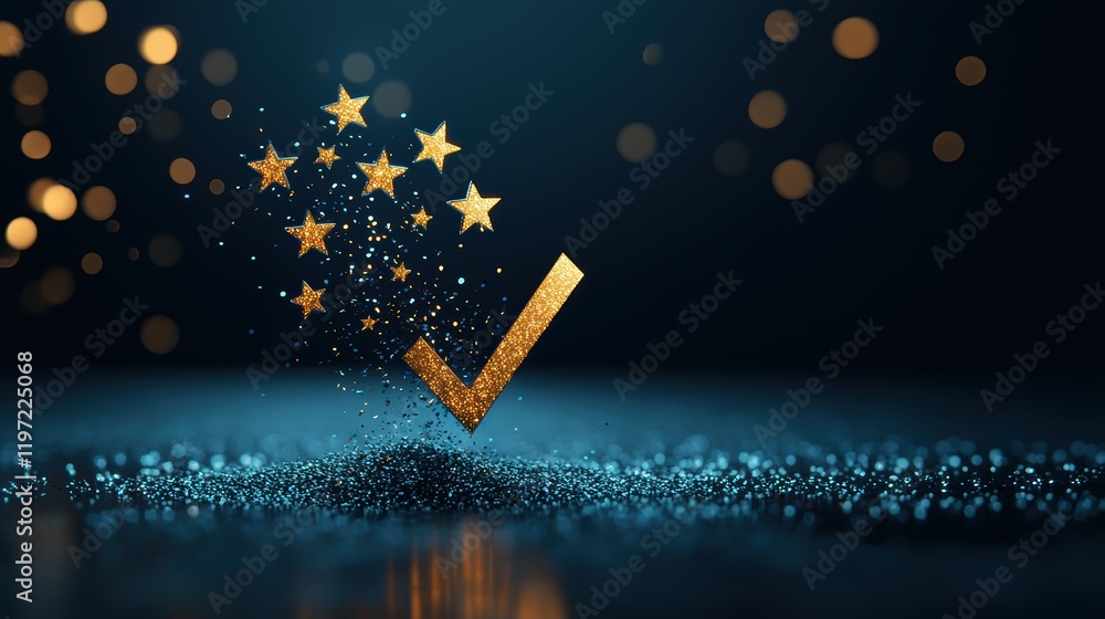 Fototapete a dynamic graphic of a checkmark transforming into five exploding stars, representing a successful c