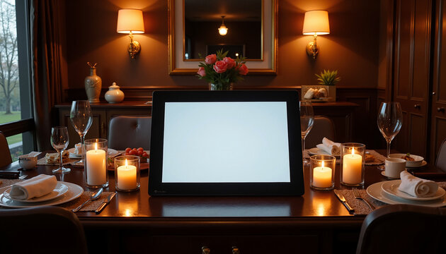 Digital Frame Mockup on elegantly set dining table with copy space