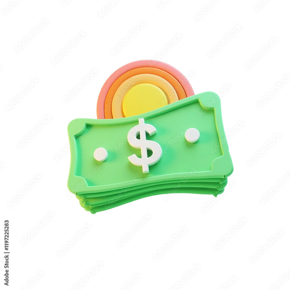 Poster stylized 3d rendering of a stack of pastel green dollar bills with a rainbow on top