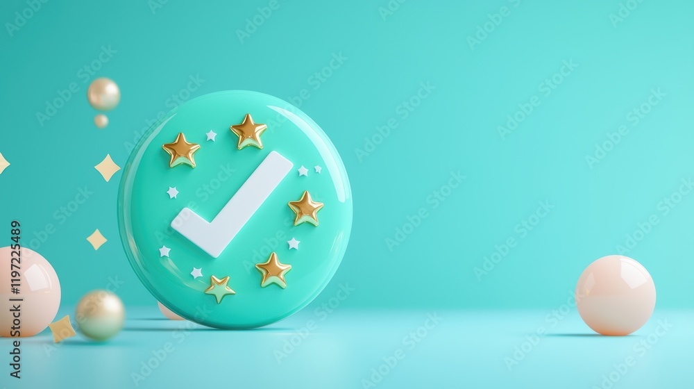 Poster a glossy, green button with a white checkmark and five gold stars, ideal for use in digital projects