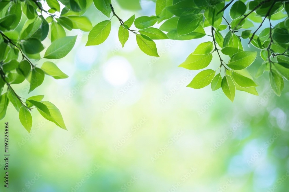 Poster Bright green leaves creating a tranquil nature backdrop with ample space for text and branding. Generative AI