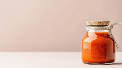 Small glass jar with orange sauce, cork lid, on beige background