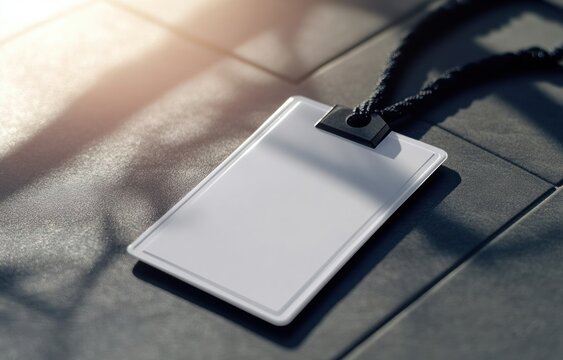 Blank white ID badge with lanyard lies on dark gray tiles outdoors in sunlight.