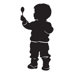 A kid boy with a spoon in hand silhouette vector illustration