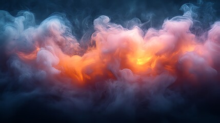 Fototapeta premium Abstract smoky clouds with orange and blue hues, creating a dramatic, atmospheric scene.