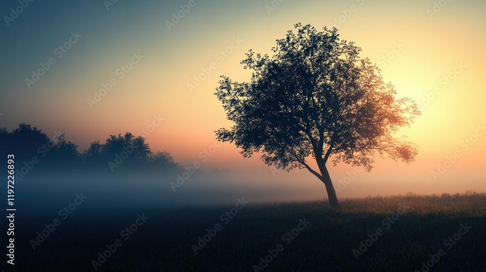 Aufkleber sunrise casts a golden glow on a solitary tree in a tranquil landscape with mist. generative ai