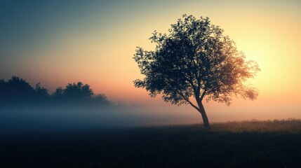 Obraz premium Sunrise casts a golden glow on a solitary tree in a tranquil landscape with mist. Generative AI