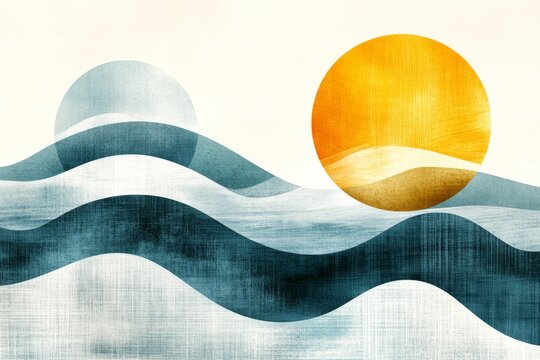 A vintage-style poster featuring a calm seaside view, with muted blue and sandy tones, bold typography, and stylized waves evoking a retro travel vibe