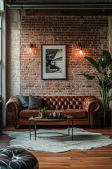 A stylish living room with a brick wall, luxurious furniture, and modern decor.