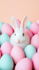 Obraz premium happy Hovering Easter eggs, fluffy white bunny in the foreground, soft peach background, open yellow space for promotional text.