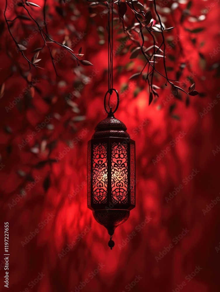 Poster decorative lantern hanging from a tree branch with red background, creating an atmospheric ambiance.