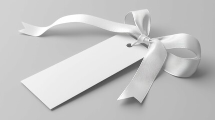 A minimalistic design featuring a blank white tag with a silver ribbon tied in a bow, perfect for branding or gift presentation.