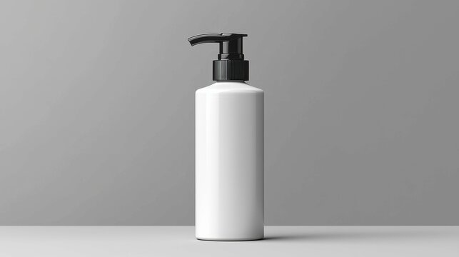 A sleek, modern white pump bottle stands against a gray background. Ideal for cosmetics or personal care products, showcasing minimalistic design.