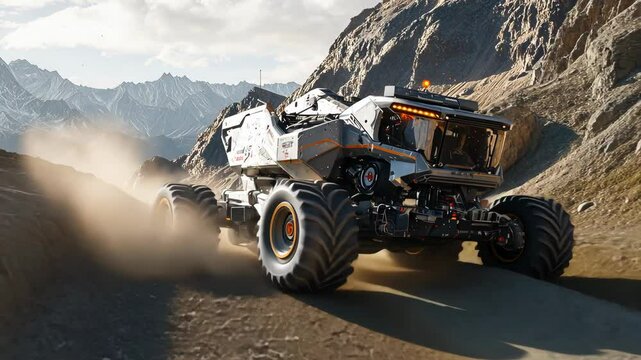 Impressive all-terrain vehicle navigating rugged mountain landscape with powerful performance