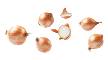 Flying or falling onions on transparent PNG or white background. purple onion rings.	