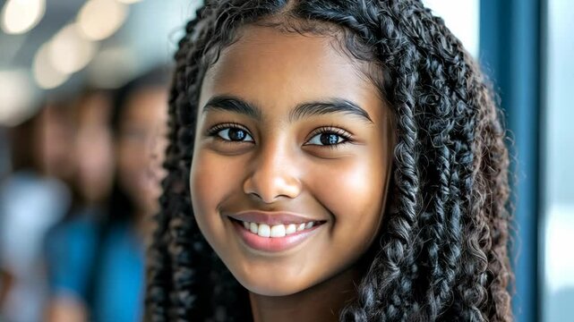 Young girl smiling brightly in a modern indoor setting filled with natural light