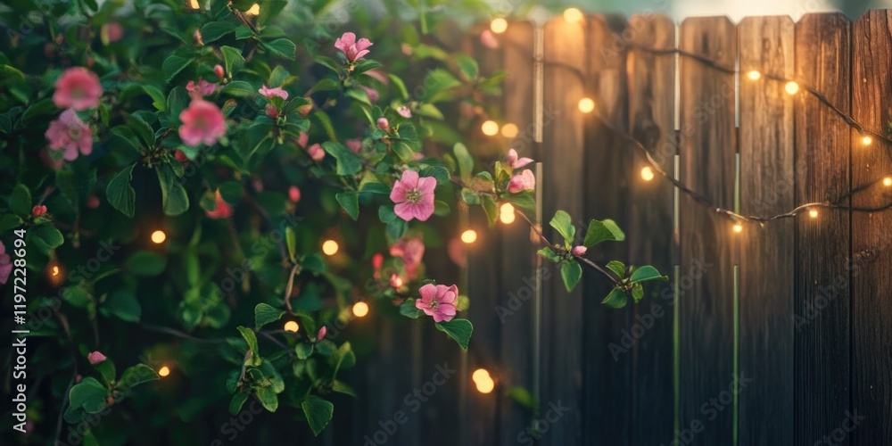 Poster soft, warm light from string lights shining through a wooden fence in the background, creating an in