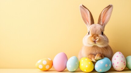 Hovering Easter eggs, fluffy white bunny in the foreground, soft peach background, open yellow space for promotional text.