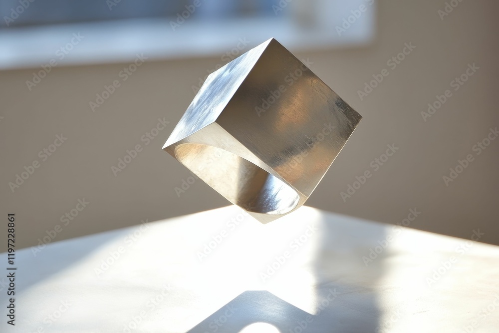 Poster metallic hollow cube floating above a surface.