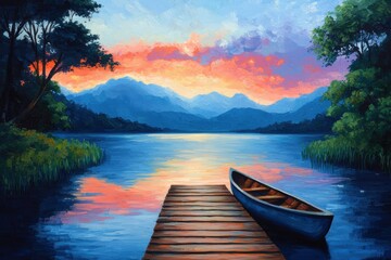 Tranquil Sunset over Serene Lake with Canoe at Wooden Dock