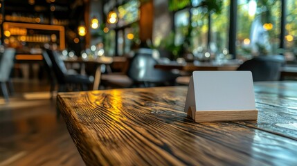 A minimal table setting in a modern restaurant with natural wood textures. The focus is on a blank card holder and a stylish ambiance created by the decor.