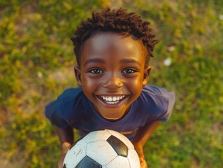 Happy young boy playing soccer on grass. Holding a soccer ball with joy.