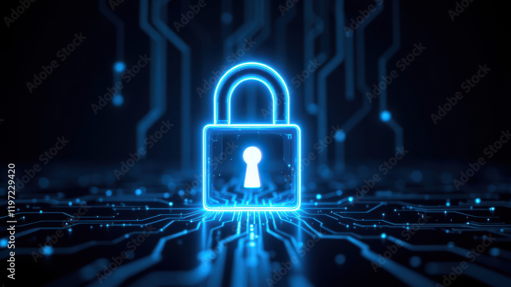 Poster an illustration of a lock symbol with a background of digital circuitry representing internet securi