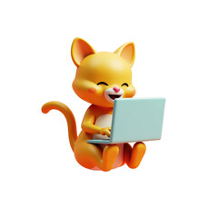 Obraz premium smiling cartoon cat using laptop joyfully