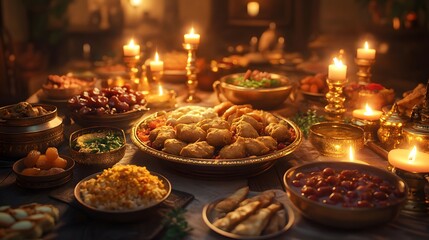 A beautifully arranged feast with various dishes and candles, creating a warm atmosphere.