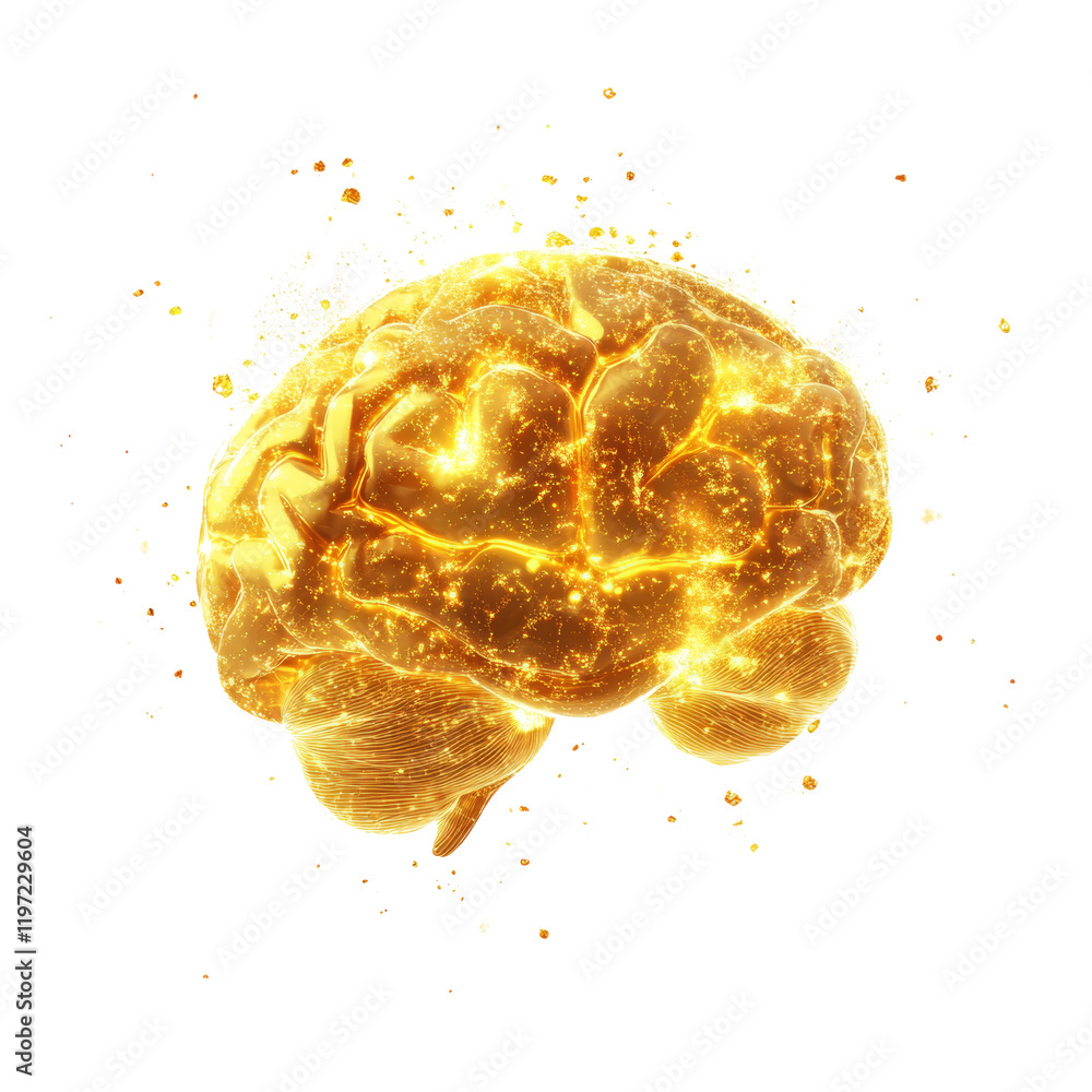 Aufkleber A 3D rendering depicts a glowing golden brain with sparkling particles emanating from it, symbolizing intelligence and creativity.