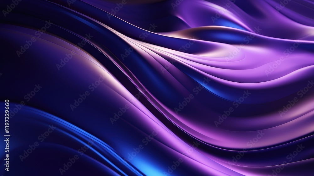 Poster abstract purple liquid texture flowing in glassy waves with smooth gradient and light reflection for