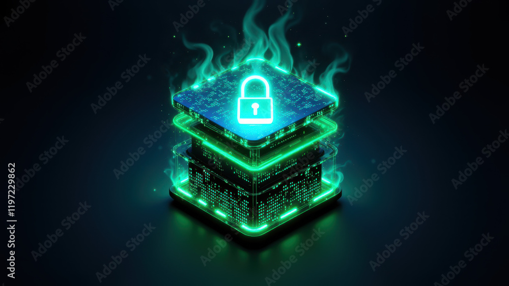 Poster a three-dimensional rendering of a computer firewall with green energy emanating from it, symbolizin