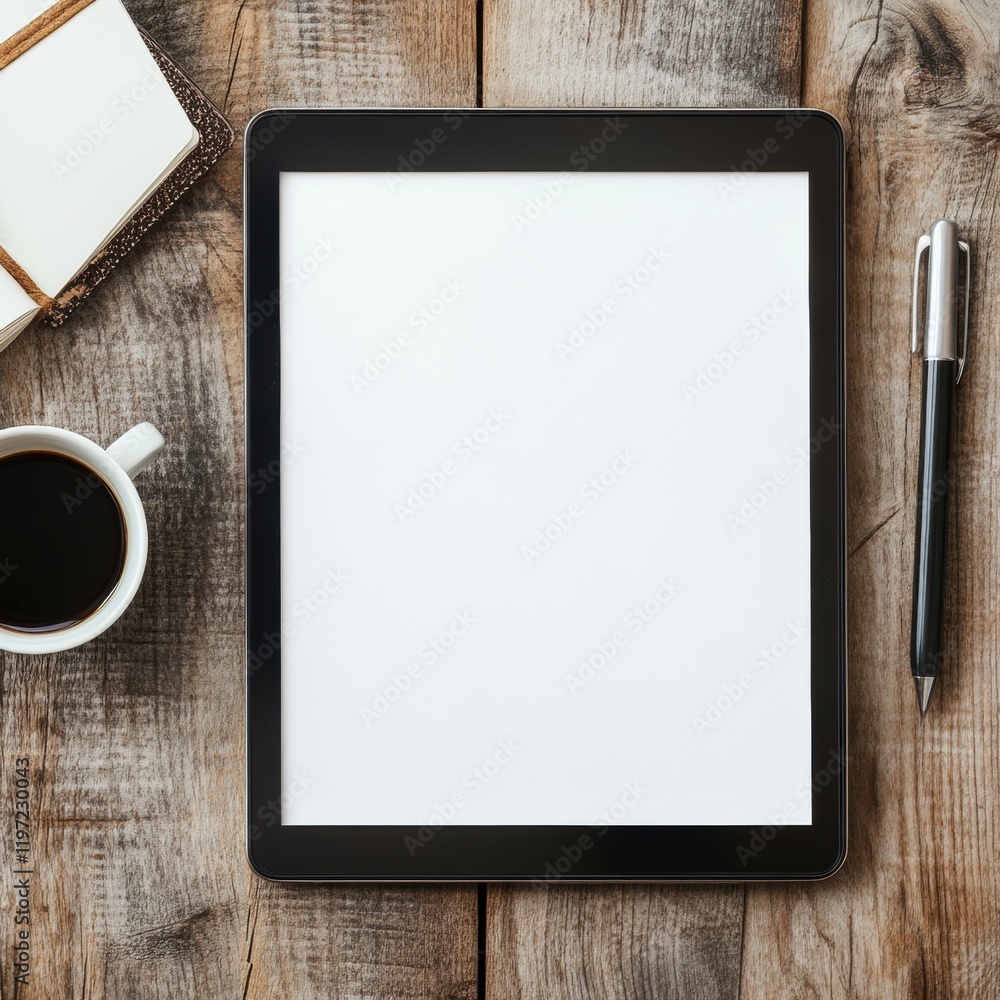 Poster empty digital tablet on a wooden table with coffee, notebook, and pen, ideal for mockup and text pla
