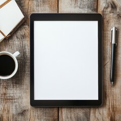 Empty digital tablet on a wooden table with coffee, notebook, and pen, ideal for mockup and text placement. Generative AI