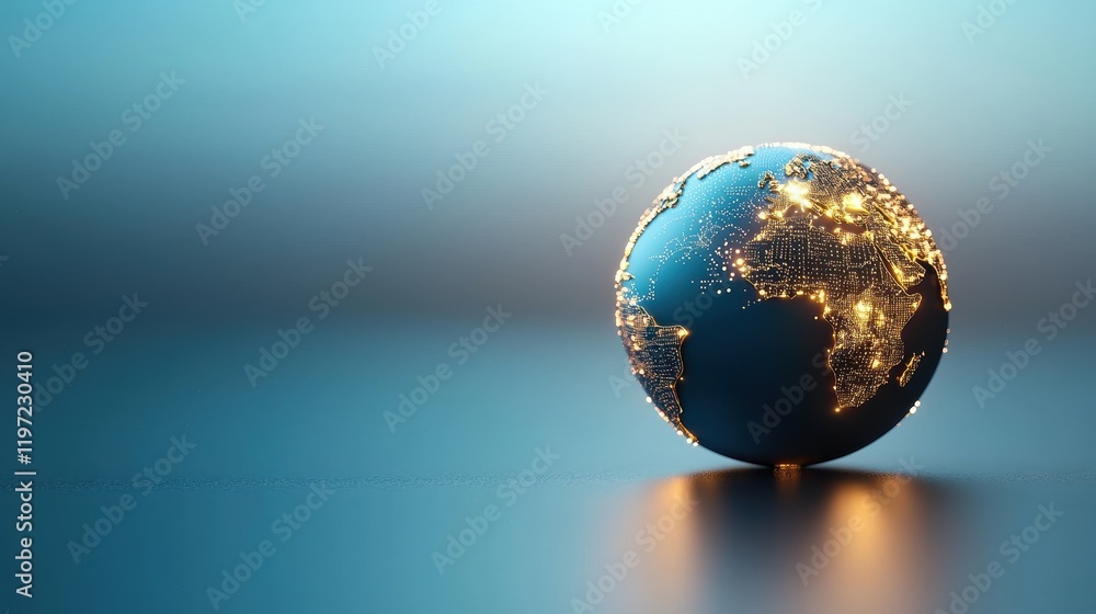 Poster a 3d rendering of a rotating globe with dynamic data streams flowing between continents, representin