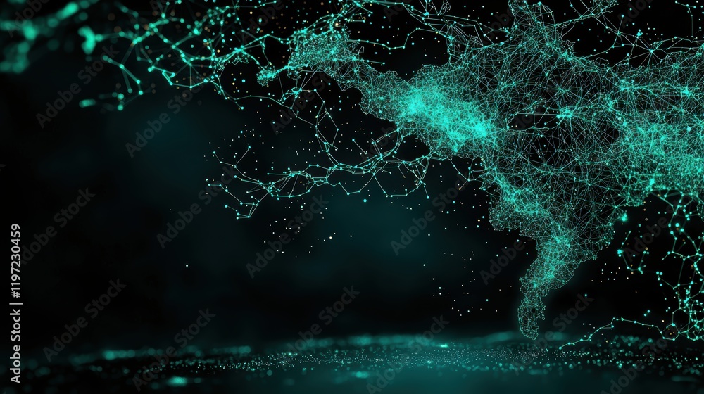 Poster a stylized world map with intricate network lines and nodes, visualizing the interconnectedness of t