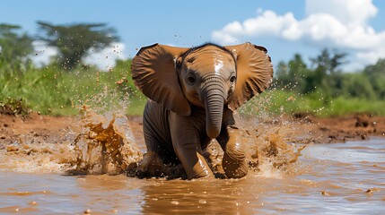 Fototapeta premium Playful baby elephant splashing in muddy water.