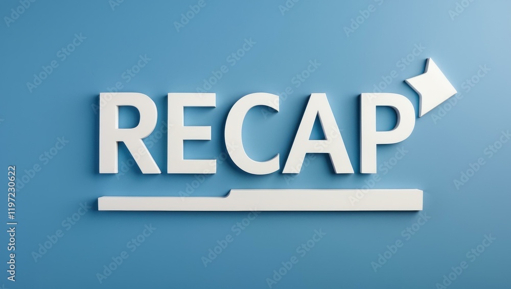 Aufkleber recap text title in center and summary review reiterate highlight summarize outline in sky blue whit