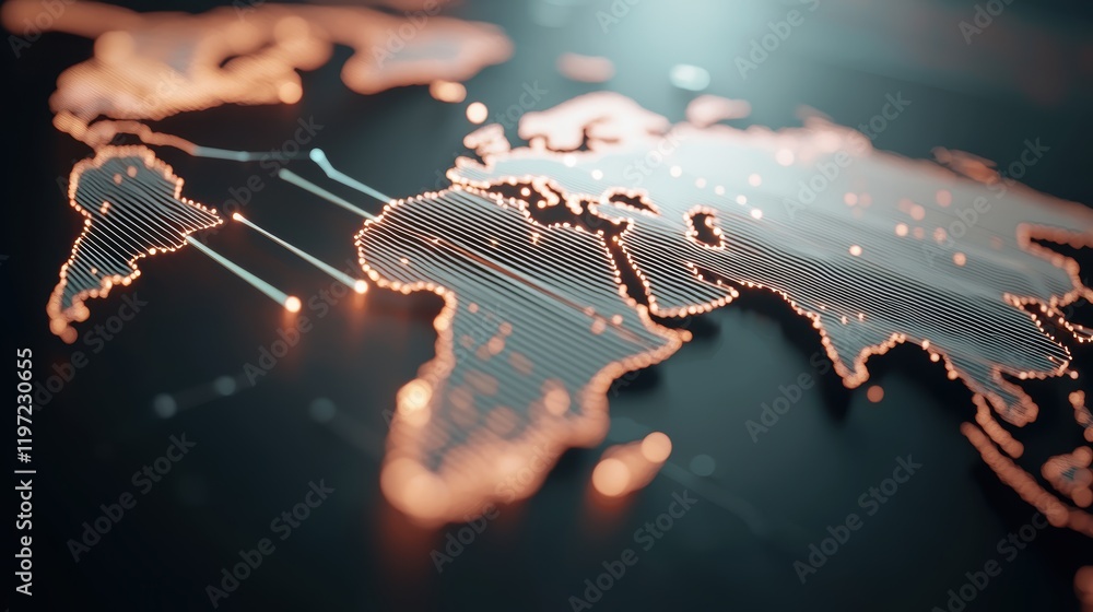 Poster a world map overlaid with flowing data streams, circuit patterns, and technological grids, visually 