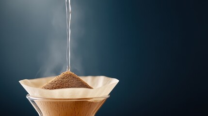 A coffee filter is filled with coffee grounds and water is dripping out of it