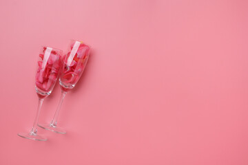 Valentine's day champagne glasses rose petals