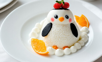 Fototapeta premium Cute penguin-shaped dessert with whipped cream and orange slices on white plate