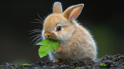 Fototapeta premium Adorable bunny rabbit eating leaf, outdoors, dark background, pet, nature