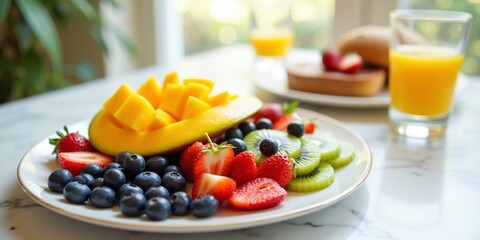 Colorful Fruit Platter with Mango, Kiwi, Strawberries, and Blueberries on a Marble Table