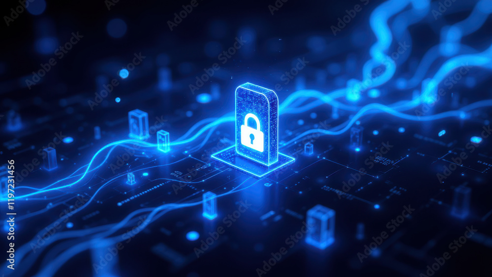 Poster digital cybersecurity illustration with a shield and lock symbol on a network background.