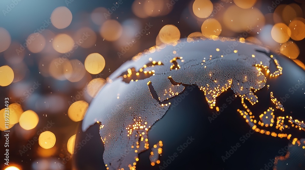 Poster a 3d rendering of a globe with animated data streams representing financial transactions and trade f