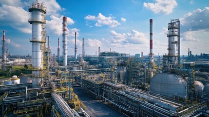 Obraz premium An industrial landscape with petrochemical, towering cracking units beside massive reactor vessels, surrounded by extensive machinery and pipe networks.